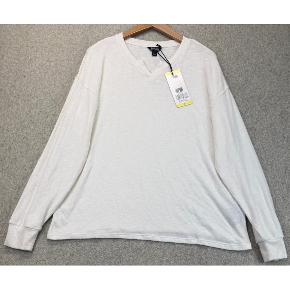 NWT Buffalo David Bitton T-Shirt Womens Ivory Split V-Neck Long Sleeve Soft S